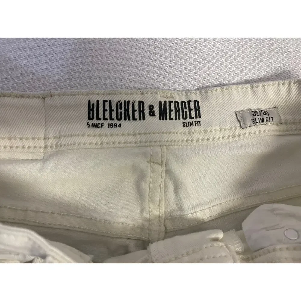 Bleecker & Mercer Men’s White Distressed Cargo Moto Jeans 32x30 Slim Fit